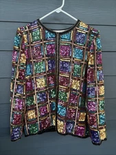 VINTAGE Lawrence Kazar Beaded Jacket Size S Beautiful Rainbow Color Sequins