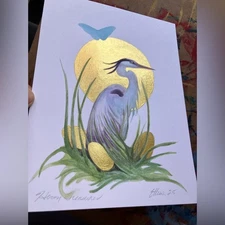 Original painting heron bird eggs gold wildlife Art NEW surrealism Artettina USA