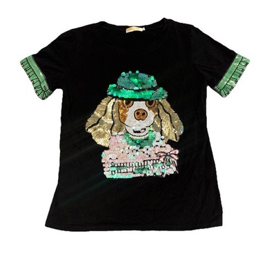 Yativi Women s Embroidered Black j'aime mon chien sequined dog motif Blouse L