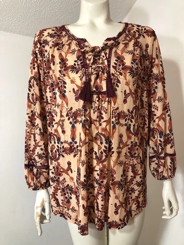 Style Co Woman 1X Popover Peasant Top Lace up Neck Lattice Trim Floral Light
