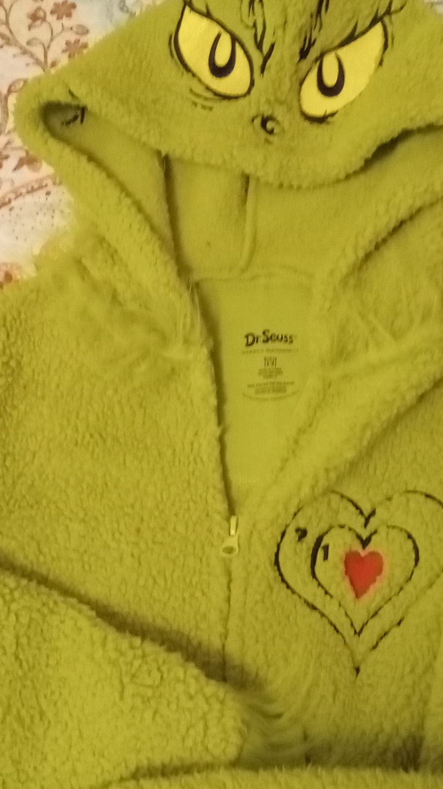 Dr. Seuss Grinch Green Fleece Hooded Zip One Piece Pajama S (4-6) Christmas