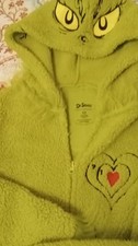 Dr. Seuss Grinch Green Fleece Hooded Zip One Piece Pajama S 4-6 Christmas