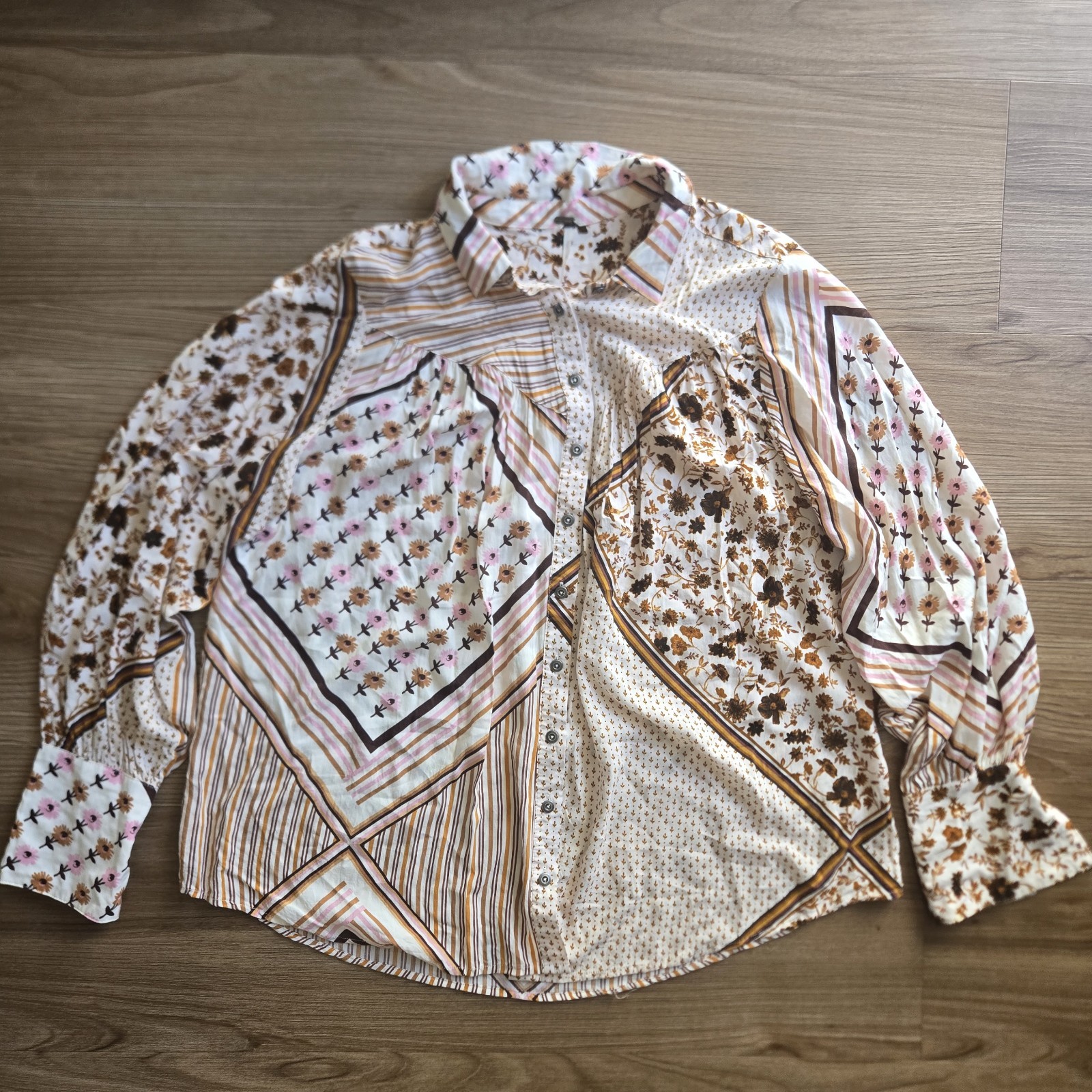 Free People Hazel Patchwork Button Down Blouse, XL - image 2