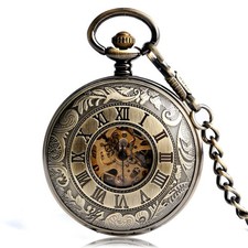 Double Half Hunter Bronze Mechanical Skeleton Pocket Watch with Chain Xmas Gift