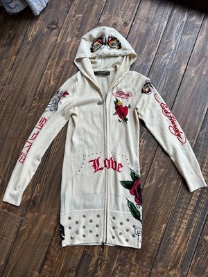 Ed Hardy by Christian Audigier Wool Hoodie Dress Y2K Vintage Rare Size S