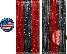 Paquete de 2 cortinas con flecos de papel aluminio negro y rojo de 3,2x8,2 pies