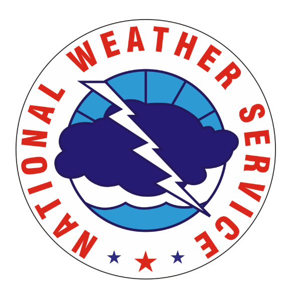 Round bumper sticker with blue National Weather Service logo, white text, and blue star on black background.