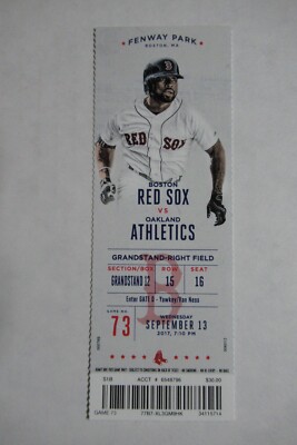 BOSTON RED SOX VS OAKLAND ATHLETICS 9/13/2017 FULL TICKET ~ MATT OLSON HR
