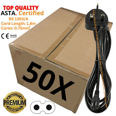 Großpackung Posten 50 neue 2 m C7 Figur 8 Fig8 UK 2-polige Laptop TV LCD Netzkabel