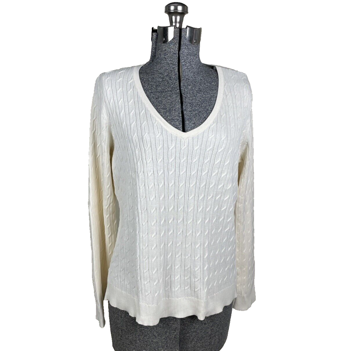 Talbots Pima Cotton Cable Knit Sweater Size Large Petite Ivory V Neck