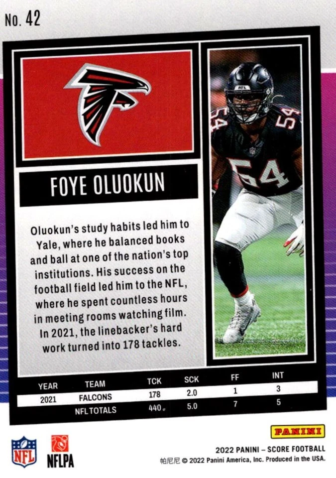 2022 Score Foye Oluokun Atlanta Falcons #42 - Image 2 of 2