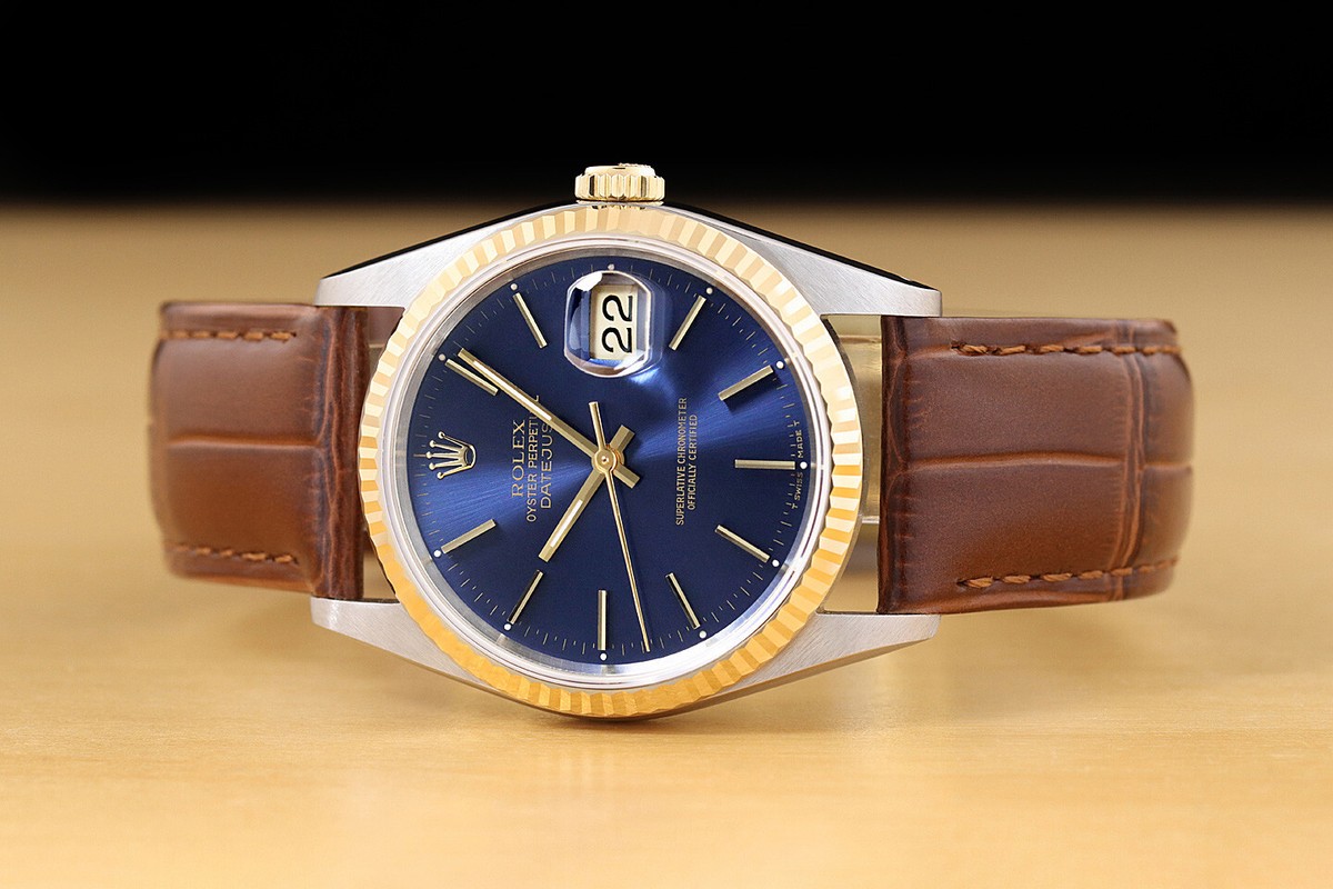 COLUMN 羊革ジャケットネイビー ROLEX MENS DATEJUST 16233 BLUE DIAL 18K GOLD STEEL WATCH w/ BROWN