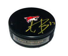 Louis Domingue Phoenix Coyotes Autographed Hockey Puck  A3977