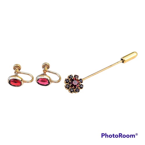 Spilla Stick Fiore Granato BOHÉMIEN vintage e Set Orecchini Riempiti Oro 12k TINY ROSSI - Foto 11 di 11