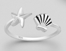 Solid Sterling Silver Clam Shell Starfish Ring Band 8mm size 9 Beach Lover