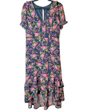 Express Midi Dress Womens Medium Black Floral Chiffon Party Flutter Sleeve