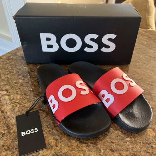 NIB Hugo Boss Logo Bay Slides Sandals Black / Open Red EU 40 UK 6 US 7 $88  Italy | eBay