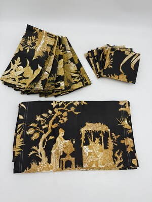 Spoonflower Table Runner Blk Gold Chinoiserie Toile De Jouy 8 Napkins 8 Cocktail