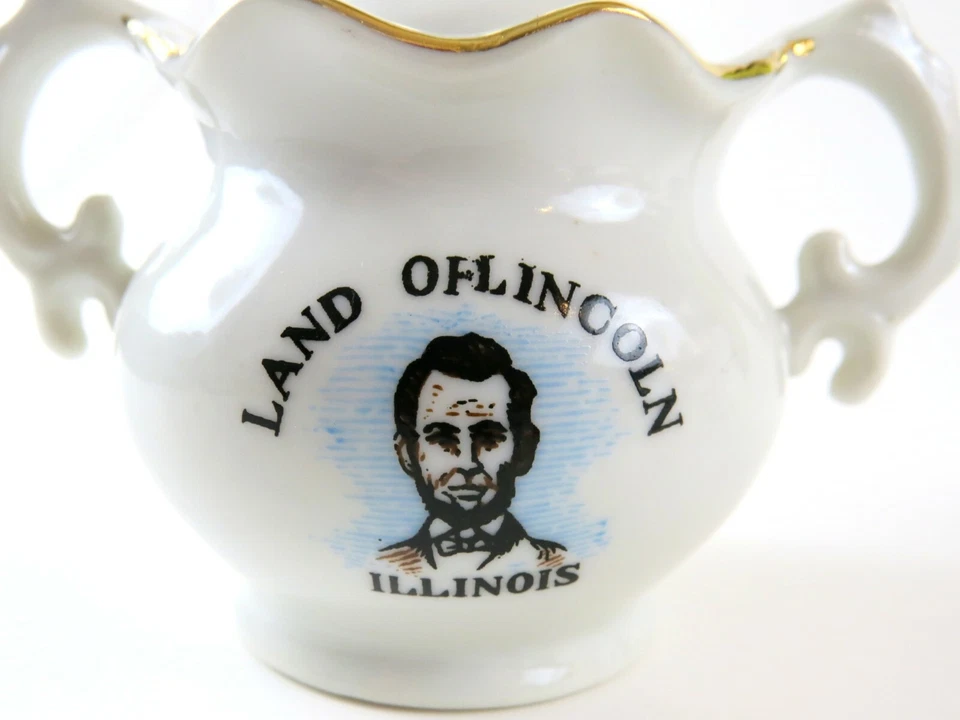 Juego de jarra de crema y azúcar vintage de recuerdo Land of Lincoln China, Enesco, Japón Foto 4 de 4