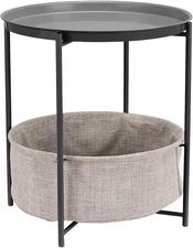 Round Storage End Table, Side Table with Cloth Basket, Charcoal/Heather Gray,