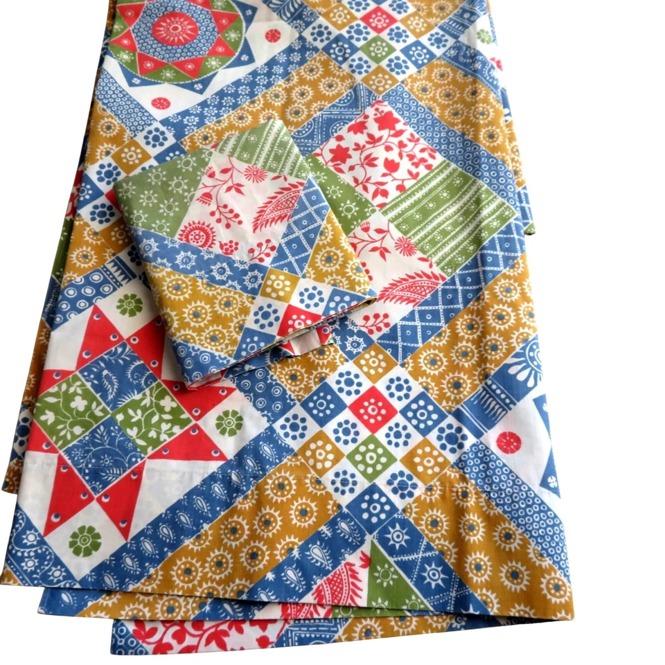 Juego de funda de almohada de sábana plana doble Sears estampado de edredón de retazos Perma-Prest vintage Foto 3 de 4