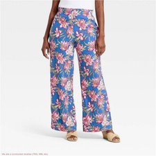Women's Linen Wide Leg Pull-On Pants - A New Day Blue Floral M SEE DEAL