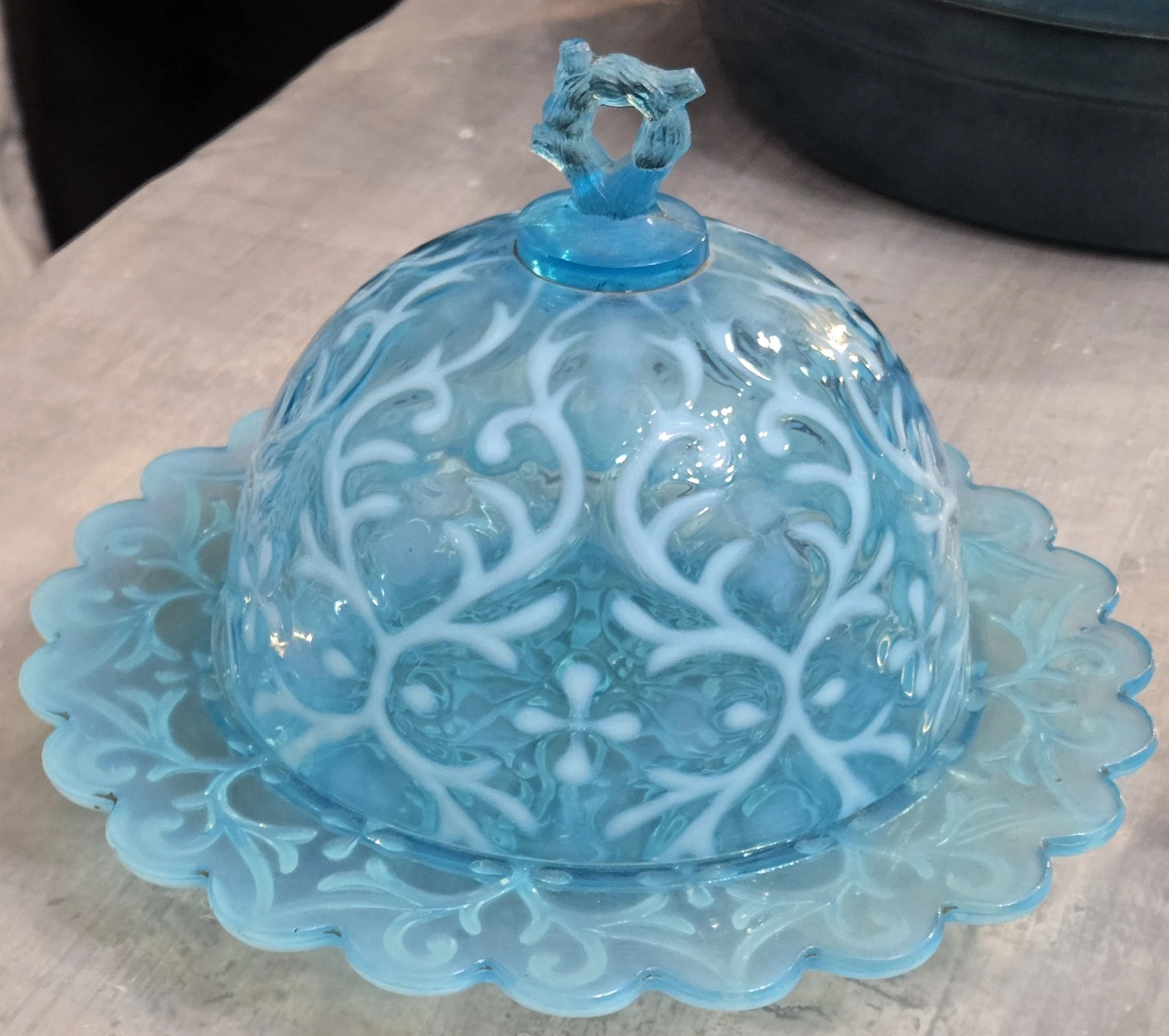 Early Spanish Lace Covered Butter Dish Northwood Glass Blue Opalescent Brocade