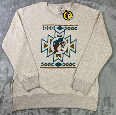 Buc-ee's Tunic Sweatshirt Women Medium Oatmeal Aztec Beaver Graphic Long Sleeve