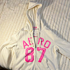 A ropostale Aero 87 Phys Ed Full Zip Hoodie White Pink Graphic Fleece XL