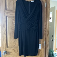 NWT Calvin Klein Women's Black LBD V-Neck LS Smocked Surplice Dress Size 10