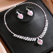 Pink/Clear Cubic Zirconia Heart Leaf Necklace Earrings Party Bridal Jewelry Set