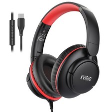 USB C Wired Headphones for School with Mic, Volume Control, Black Red