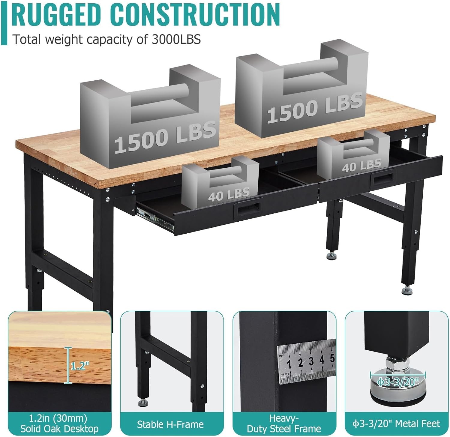 60-Inch Workbench with Power Outlets & Pegboard & Drawers Adjustable Work Table