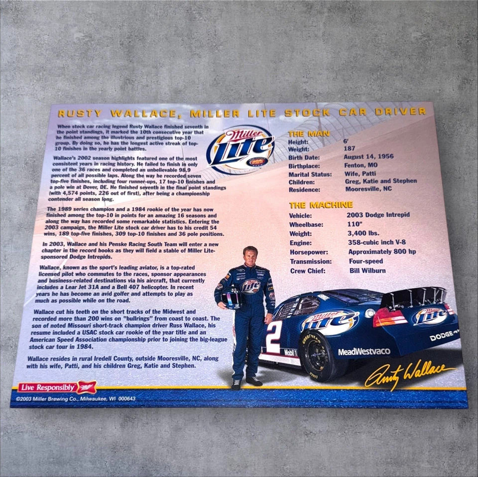 Rusty Wallace signed NASCAR WINSTON CUP photo 2003 DODGE INTREPID MILLER LITE #2 - Image 2 of 2