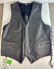 Vintage Black Leather Biker Vest Snap Front Lace Sides Size L EUC
