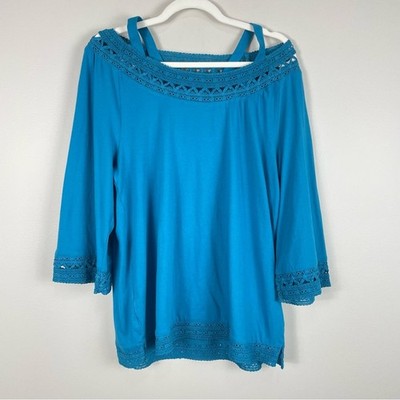 Soft Surroundings Blouse Women Large Blue Blouse Shirt Lace Embroidered Sleeve