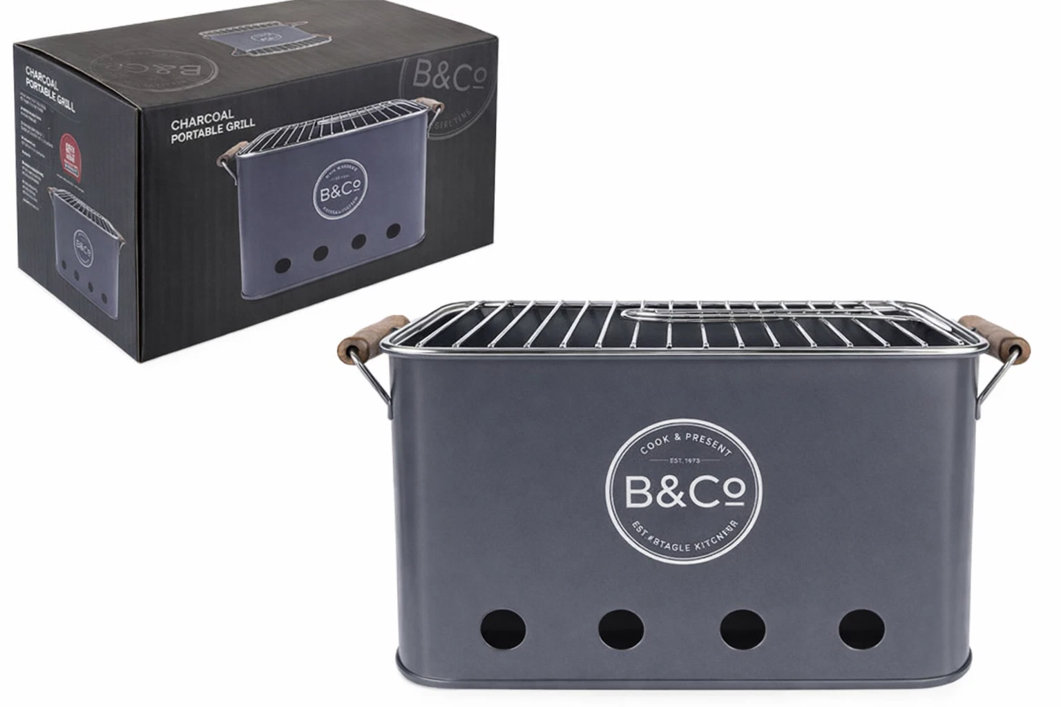 B&Co BBQ Grill Portable Wilyabrup Steel Grey Outdoor Picnic Garden With Handles