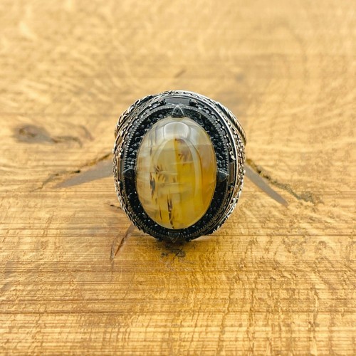 Mens Silver Ring, Brown Natural Agate Stone Oval Ring, 925K Mens Jewelry - Picture 4 of 10