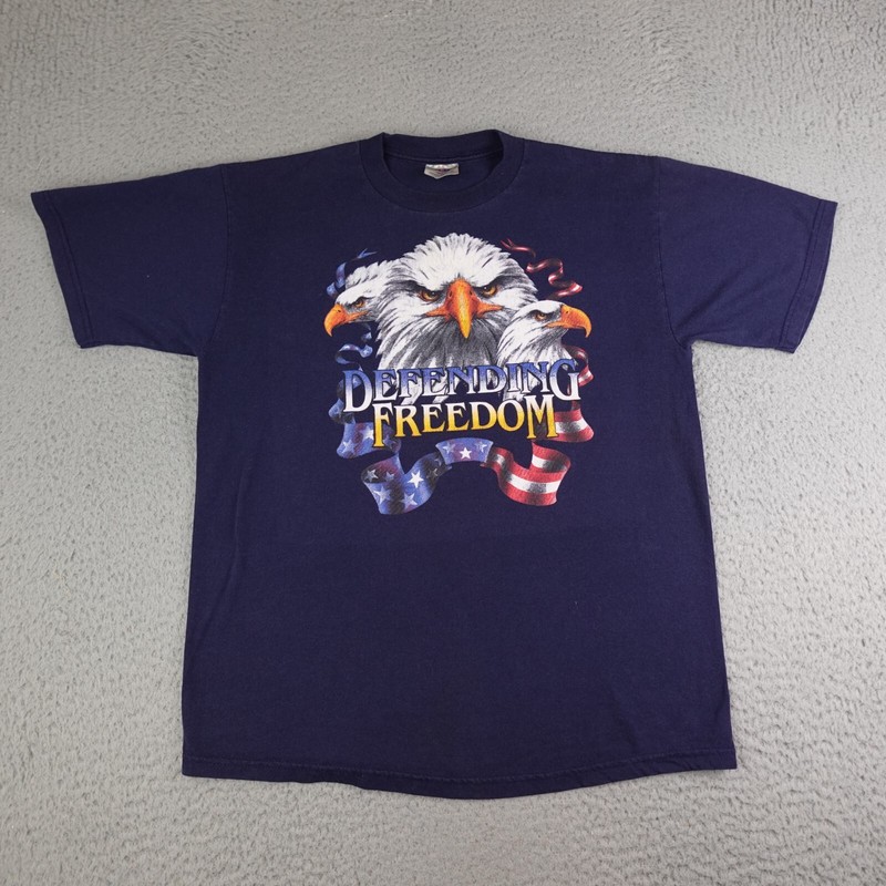 Vintage Bald Eagle Shirt Mens Large Blue Short Sleeve Defending Freedom USA Flag