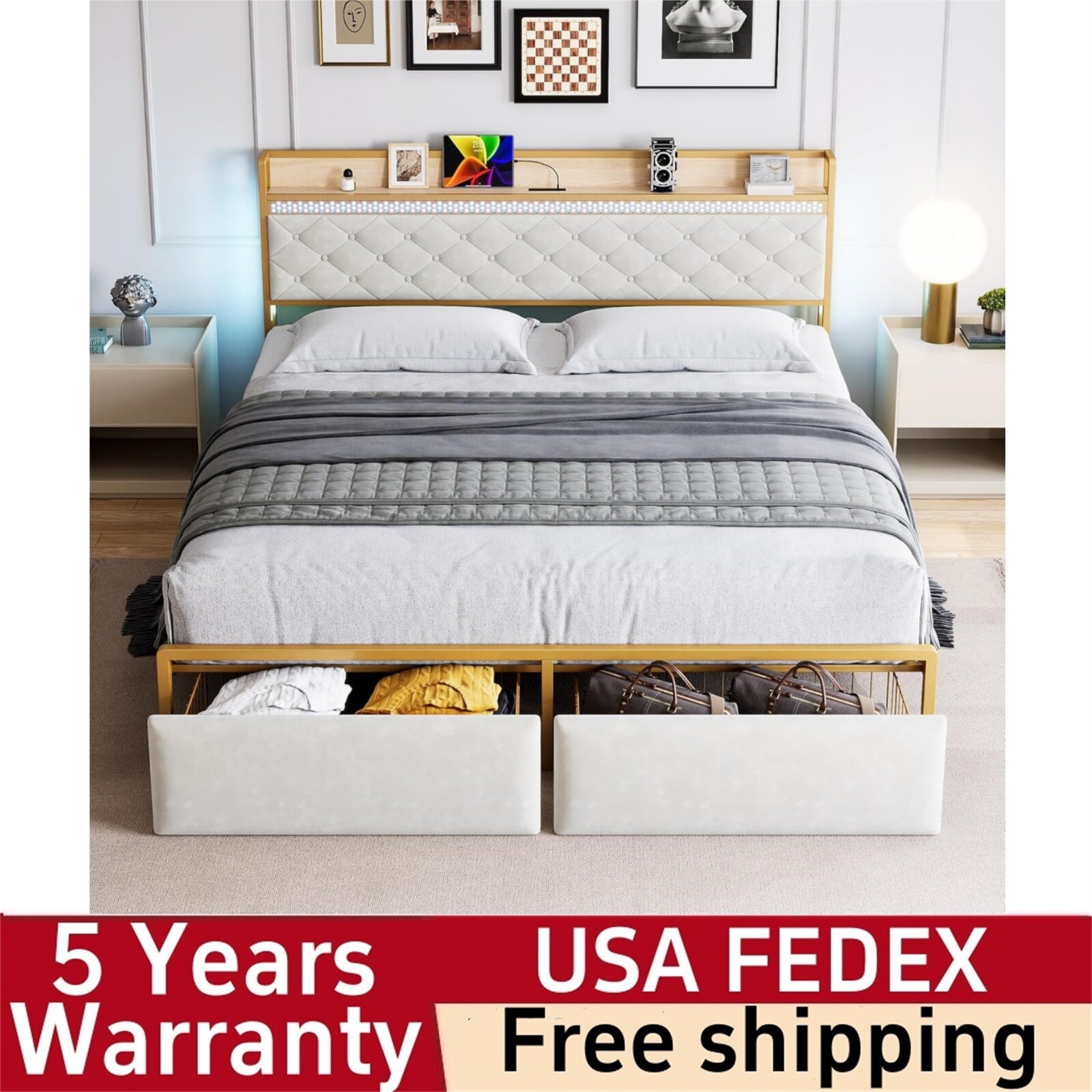 💹Queen Bed Frame Upholstered Platform Bed Frame with LED Lights 2 Storage Drawe