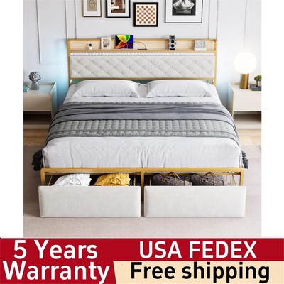 Queen Bed Frame Upholstered Platform Bed Frame with LED Lights 2 Storage Drawers