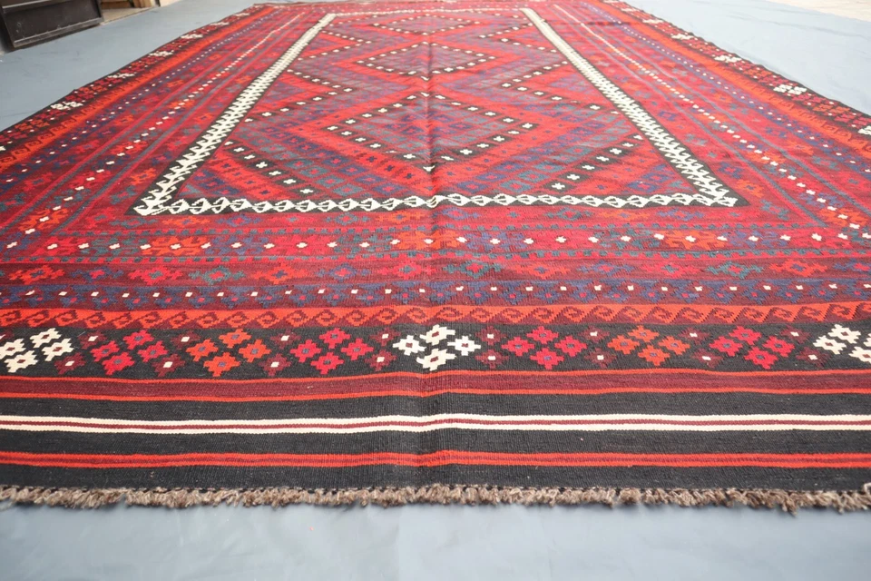 1980s Afghan 8'6x14'2 ft Traditional Flatweave Rug, Geometric Dining Room Rug - Image 4 of 4