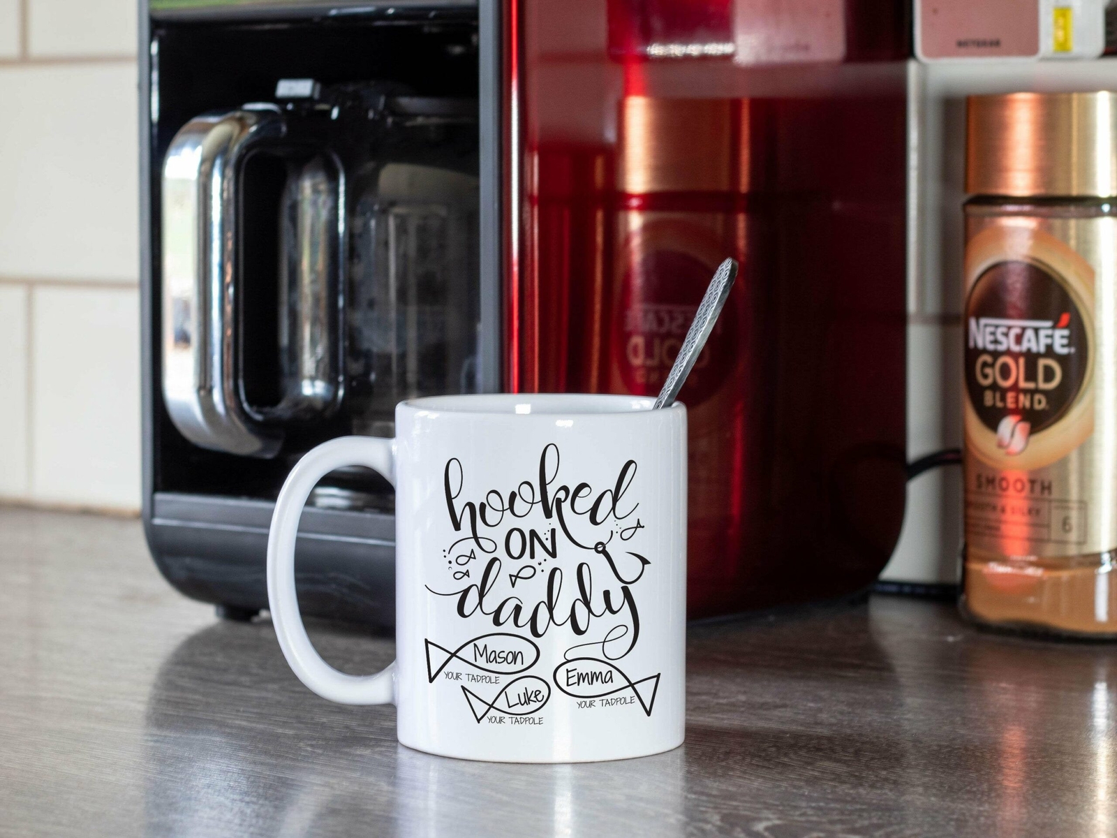 Hooked On Daddy Premium Personalized Coffee Mug Or Teacup. Perfect Gift For Dad