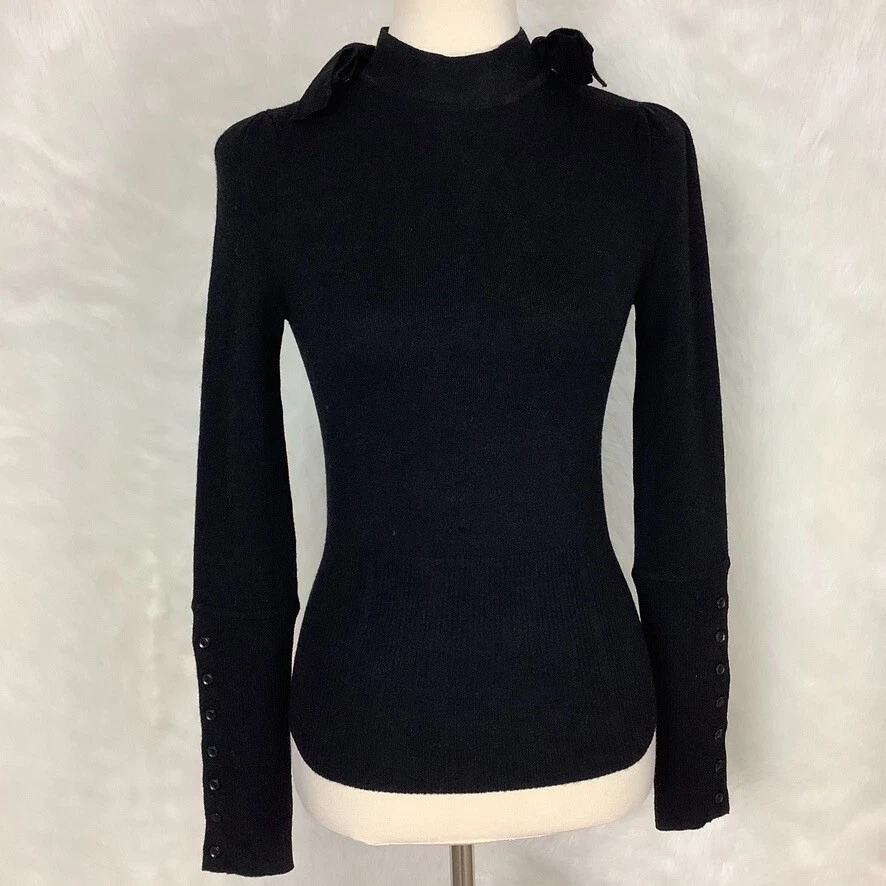 Diane Von Furstenberg Vintage Black Bow Shoulder Ribbed Button Cuff Sweater