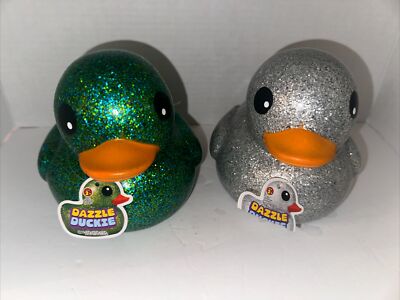 2Dazzle Duckie Ja-Ru Large 6  Rubber Duck Sparkly Bath Green & Silver Glitter