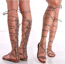 Lange kniehohe Damen-Schnürsandalen Stiefel Gladiator flache Römerschuhe Größe UK 3