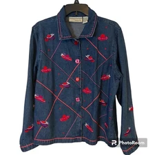 Carrie Allen Blue Jean Jacket Women Large Red Hat Society Beaded Red Embroidered