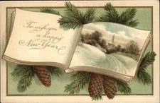 New Year Pastural Picture Book Pine Cones Embossed c1910-1920s Vintage Postcard