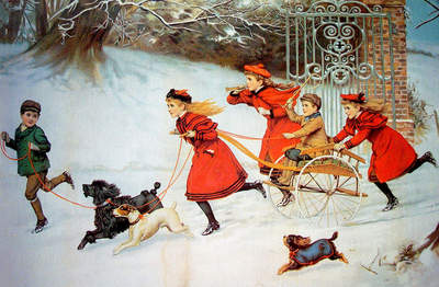 vintage art early 1900s Children and dogs running in Snow