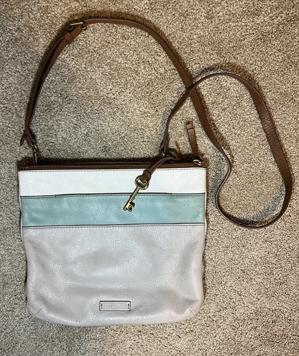 Fossil Tricolor Colorblock Beige Blue Leather Crossbody Shoulder Purse Handbag